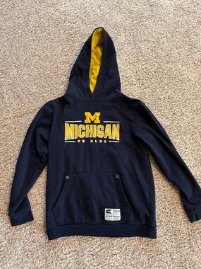 University of Michigan Colosseum Navy Hoodie with White Label and Yellow Accent